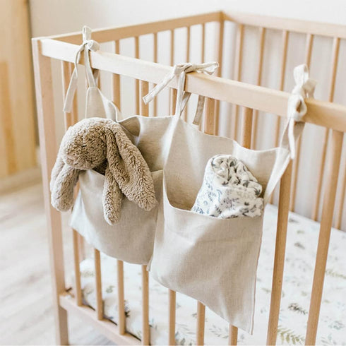 Linen Baby Bedside Hanging Storage Bag,2 Pockets Organizer for Baby Cribs and Toys (Burlywood)...