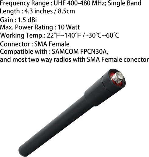 Samcom Two Way Radio Short Antenna with SMA-Female, 3.4 inch Elastic and Non-deformable Antenna for Walkie Talkies UHF 400-480MHz, for Samcom FPCN...