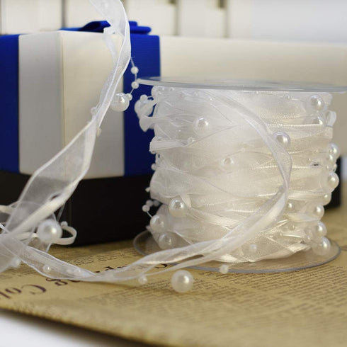 10M Artificial Bead Pearl Ribbon Chiffon Ribbon and Organza Lace Ribbon Trims for Wedding Flower Christmas Tree Decoration Sewing Craft Packaging ...