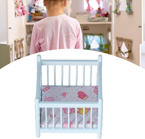 1:12 Scale Wooden Doll House Baby Bed DIY Miniature Doll House Mini Furniture Accessories with Mattress Square Bed Blue Children's Day Gift...