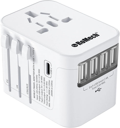 ROMECH Universal Travel Adapter, 5.6A Smart Power International Plug Adaptor AC Wall Charger for Global Travelling USA Europe EU UK AUS (Type C + ...