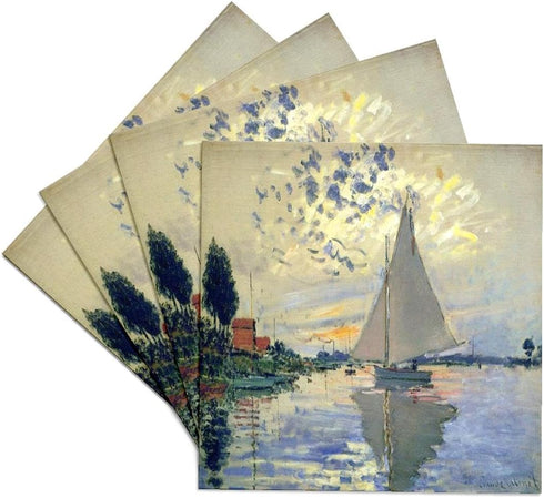 3dRose CST_203678_3 Print of Monet Painting Sailboat at Le Petit Ceramic Tile Coasters, (Set of 4)...