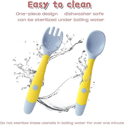 Toddler Utensils with Travel Case, Baby Spoon and Fork Set for Self-Feeding Learning Bendable Handle Silverware for Kid Children (2 Set, Yellow&Gr...
