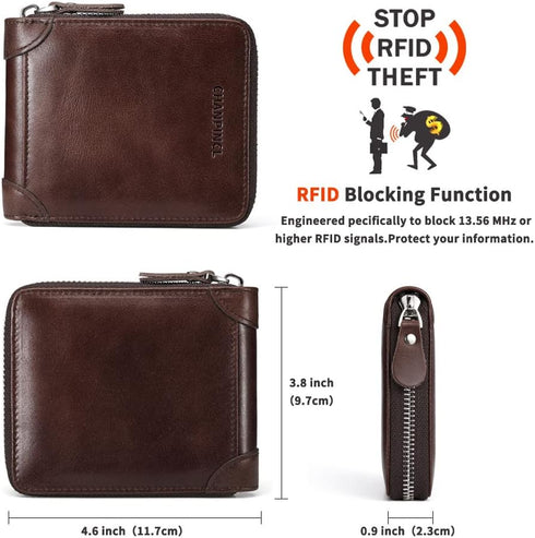 Mens Genuine Leather Zipper Wallet RFID Secure Large Capacity Double Fold Multi-card Leather Wallets for Men and coin purse...
