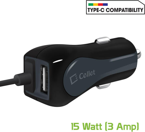 Cellet High Powered 3Amp, Fast Charging 15Watt, Dual USB Port Car Charger with 4ft Long Type-C Cable Compatible for BlackBerry Keyone/Essential Ph...