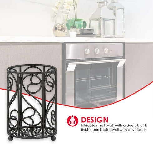 Scroll Design Cutlery Holder For Countertop, (Black), By Home Basics | Steel Flatware Caddy For Kitchen | Spoon Fork Holder With Raised Feet | Cut...