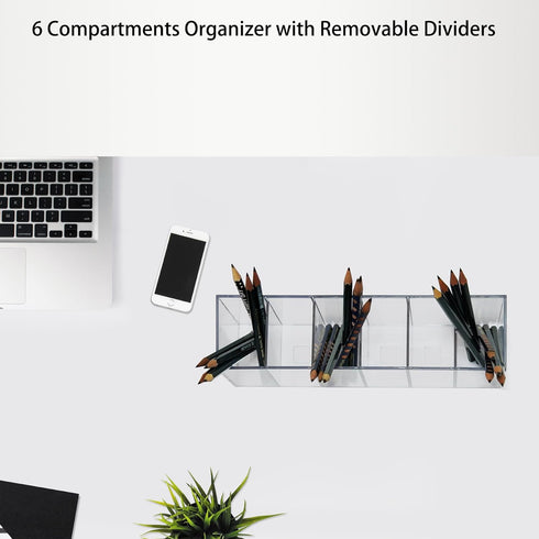Pen Holder Makeup Brush Holder 6 Compartments Organizer with Removable Dividers for Desk Cosmetic Storage Office Accessory Bathroom Kitchen Deskto...
