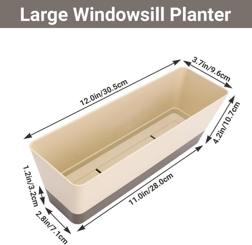 Planter Windowsill Box, 1 Pack 12x3.8 Inch Herb Rectangle Planter with Tray, Modern Indoor Succulent Cactus Plastic Plant Pot for Windowsill, Gard...