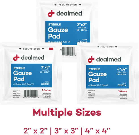 Dealmed 3’’ x 3’’ Sterile Gauze Pads (100 Count) Disposable and Individually Wrapped Medical Gauze Pads, Wound Care Product for First Aid Kit and ...