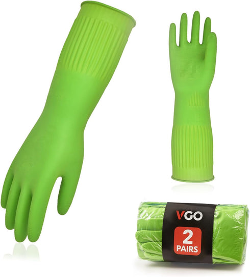 Vgo... 2-Pairs Dishwashing Gloves, Reusable Household Gloves, Kitchen Gloves, Long Sleeve, Thick Latex, Cleaning, Washing, Working, Painting, Gard...