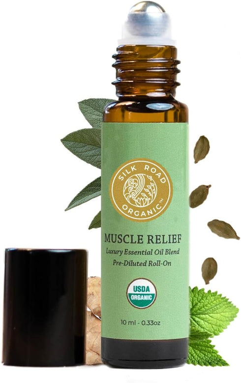 Organic Muscle Relief Essential Oil Blend Roll On, 100% Pure USDA Certified Aromatherapy for Muscle Aches & Stiff Joints with Peppermint & Ginger ...