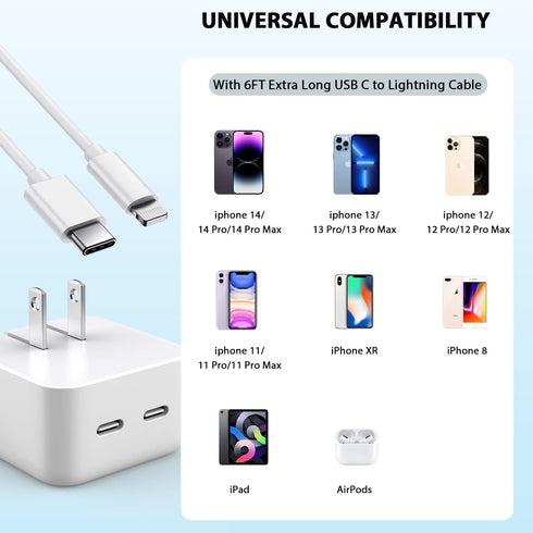 iPhone Charger Fast Charging, 40W Dual USB C Wall Charger Apple MFi Certified Dual USB-C Port Power Adapter with 2Pack 6FT USB-C to Lightning Cabl...