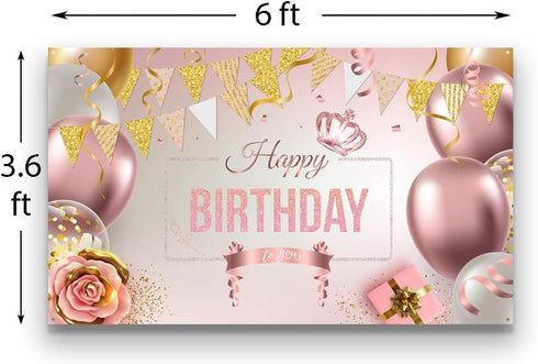 Happy Birthday Decorations Banner Large Rose Gold Balloons Backdrop Theme Poster for Girl Women Birthday Celebration Banner Party Supplies Photo B...