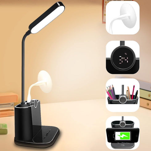 Small Desk Lamps for Home Office with USB Charging Port Pen Holder Battery Display, 3 Modes Reading Desk Light College Dorm Room Essentials for Gu...