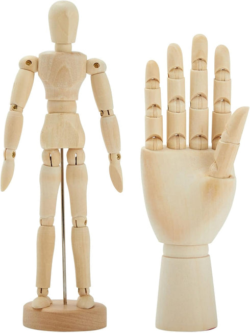 7" Wooden Hand Model and 8" Posable Wooden Mannequin Figure for Drawing, Adjustable Art Supplies (2-Piece)...