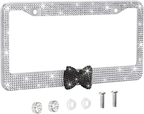 OTOSTAR 1 Pack Bling License Plate Frame with Ribbon Bow, Handcrafted Shiny Rhinestones Premium Stainless Steel 2 Holes License Plate Holder with ...