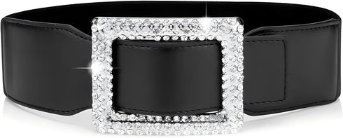 Belts for Women with Big Rhinestone Square Buckle -Wide Elastic Waist Dressy Strentch Waistbands Belt...