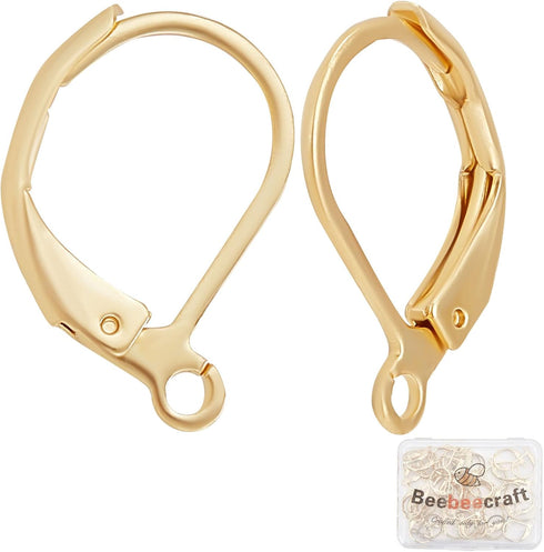 Beebeecraft 50Pcs/Box Leverback Earring Findings 24K Gold Plated Stainless Steel French Earring Hooks 15.5x10x1.5mm Interchangeable Dangle Ear Wir...