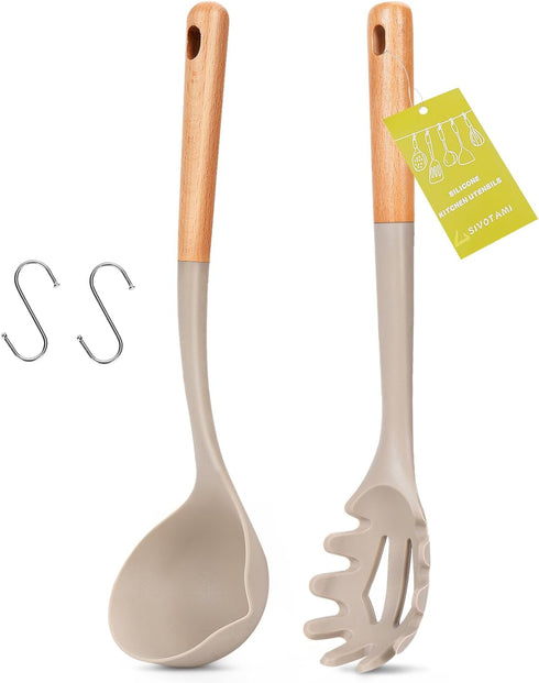 Silicone Spaghetti Spoon, Large Soup Ladle Spoon, Nonstick Pasta Server Set, Heat Resistant Pasta Fork, Kitchen Cooking Utensils with Wooden Handl...