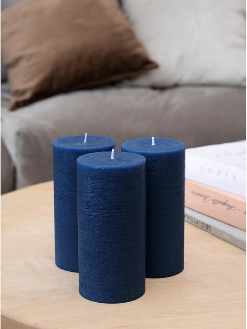CANDWAX Large Pillar Candles 3x6 Inch – Set of 3 Unscented Dripless Dark Blue Candles, Rustic Finish for Weddings, Home Interior, Centerpieces...