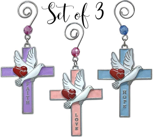 Faith Hope Love Cross Christmas Ornaments - Set of 3 - Religious Crosses with Doves, Hearts and Embossed Words - Inspirational Xmas Gift - 3" H...