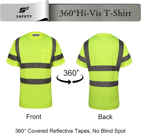 Hi Vis T Shirt Class 3 High Visibility Shirts for Men Safety Shirts with Reflective Strips and Pocket Breathable Construction Work Mesh Short Slee...