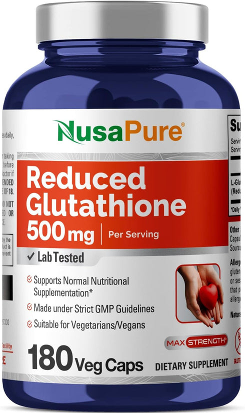 NusaPure Reduced Glutathione 500mg 180 Veggie Capsules (Vegan,Non-GMO) L-Glutathione...