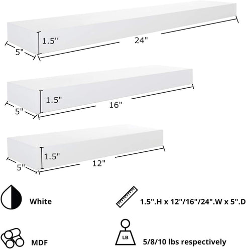 Kiera Grace Stockholm Maine Floating Wall Shelves - White, 12", 16", 24", Set of 3...