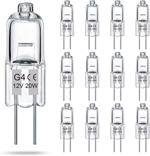 TAIYALOO G4 Bulb 12 Pack Crystal Clear Halogen Light Bulb 2 Pin 12V 20W JC T3 Bi-Pin G4 Base Dimmable 2700K Warm White 2 Prong Light Bulb for Unde...