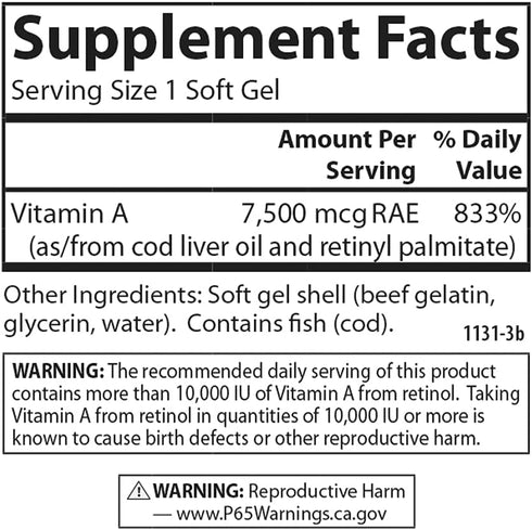 Carlson - Vitamin A, 25000 IU (7500 mcg RAE), Vision & Skin Health, Immune Function, 100 soft gels...