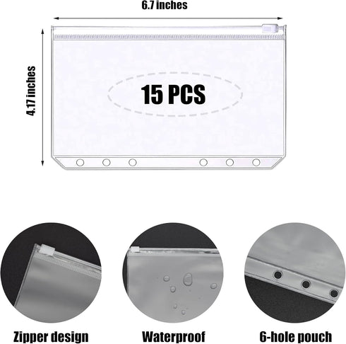 15 PCS A6 Binder Pockets with PU Leather Notebook Binder Cover Refillable 6 Round Ring Binder Set for Personal Planner Organizer, Budget Binder, S...