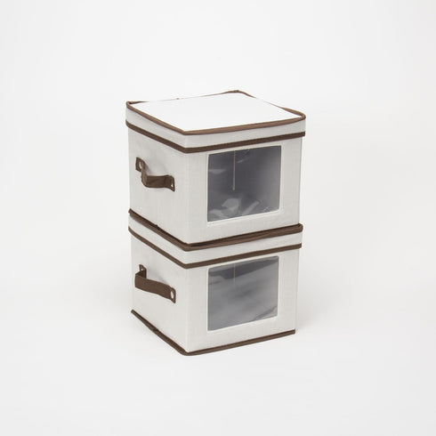 Household Essentials 534 Dinnerware Storage Box with Lid and Handles | Chest for Salad Plates | Natural Canvas with Brown Trim...