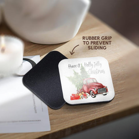 3dRose Have A Holly Jolly Red Truck With Christmas Trees Soft Coasters (Set of 8)...