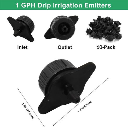 60 Pcs Drip Irrigation Emitters, 1 GPH Pressure Compensating Irrigation Drippers for Garden Lawn Watering Irrigation System, Black...