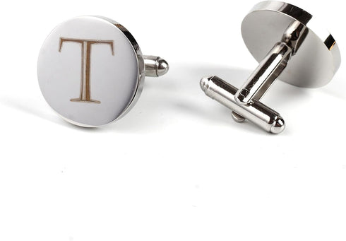 Mens Initial Silver Cufflinks A-Z Alphabet Letter Steel Cuff Links with Engraved Walnut Wood Box Groom Groomsman Wedding Set…...