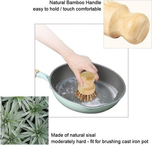 2 Pack Bamboo Dish Scrub Brush, Picowe Natural Scrub Cleaning Brush Vegetable Brush for Dishes Cast Iron Pots Pans, Used in Bathroom Kitchen Sink ...