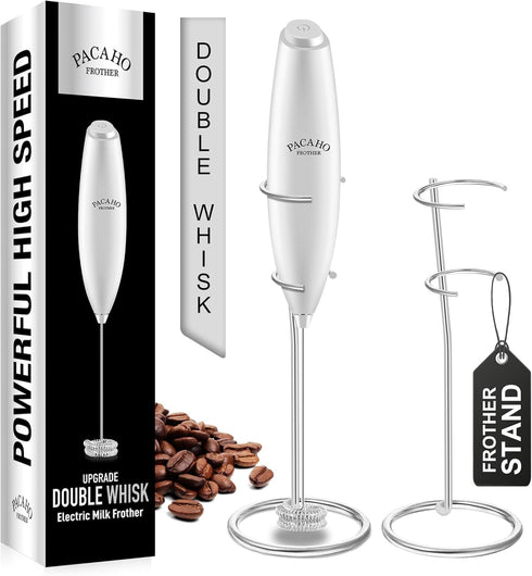 Powerful Milk Frother with Stand with Double Whisk, Handheld Electric Foam Maker, Hand Mixer Wand, Portable Mini Blender Foamer Stirrer for Coffee...