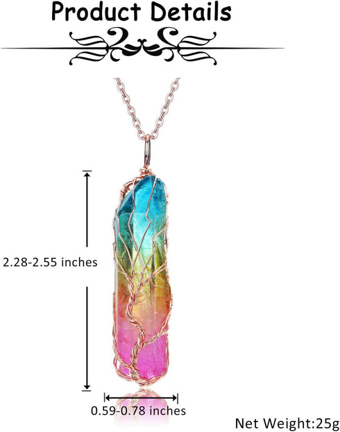 PESOENTH Crystal Necklace Life Tree Rainbow Quartz Gemstone Healing Stone Rose Gold Wire Wrap Necklace Crystal Jewelry Spiritual Gifts for Women...