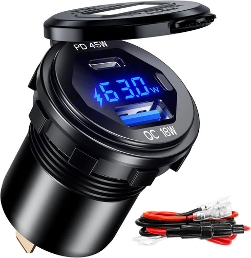 BATIGE PD 45W USB C Quick Charger 18W USB 3.0 Charger Socket Waterproof with Switch LED Voltmeter and Wire Fuse DIY Kit for 12V/24V Car Boat Marin...