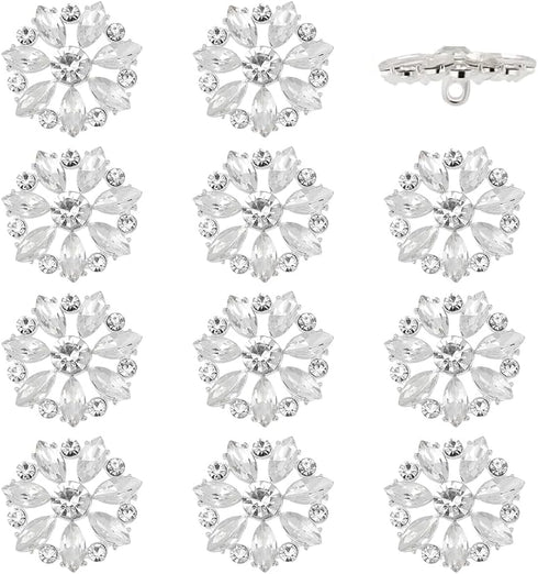 FINGERINSPIRE 12 Pcs Flower Rhinestone Shank Buttons 1.1" Clear Crystal Floral Sew On Button with 1-Hole Rhinestone Silver Alloy Button Flatback C...