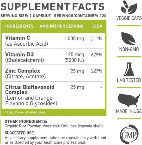 | C D Z | Vitamin C, 1000mg | Vitamin D3, 125mcg | Zinc, 25mg | Non-GMO & Gluten Free | 120 Vegetarian Capsules |120 Servings...