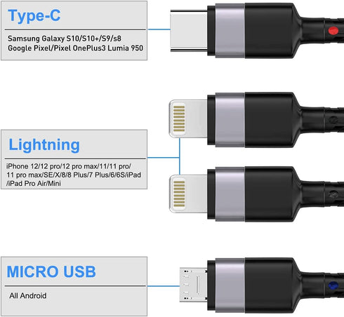 iPhone Charging Multi 4-in-1 USB Long Cable,3M/10Ft Nylon Braided Universal Phone Charger Cord USB C/Micro USB/Lightning*2 Connector Adapter for i...