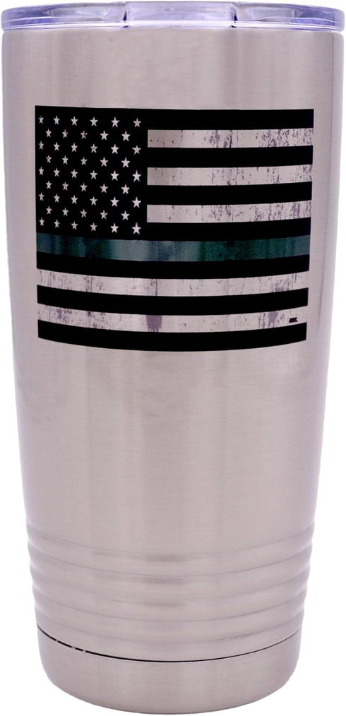 Rogue River Tactical Thin Green Line Flag Large 20 Ounce Stainless Steel Travel Tumbler Mug Cup Military Federal Law Enforcement Border Patrol Gam...