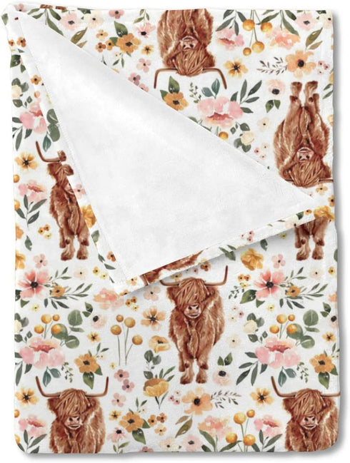 Highland Cow Floral Boho Retro Baby Blanket Girls Gift, Western Farm Animal Yak Flower Flannel Fleece Nursery Bed Blankets, Soft Lightweight Newbo...