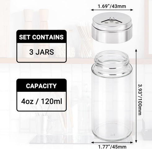 Segarty Spice Jar with Shaker Lids, 3 Pack 4 oz Glass Spice Jars with Adjustable Pour Large Holes, Empty Storage Seasoning Containers Spices Bottl...