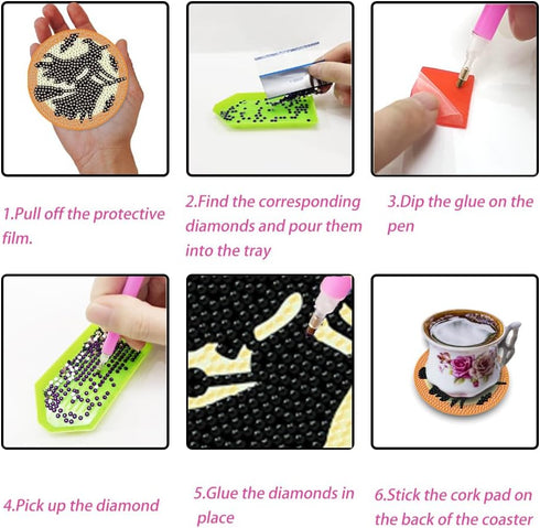 9pcs Halloween Theme Diamond DIY Painting Coasters with Holder Diamond Art Drink Coasters Kit DIY Art Crafts Supplies...