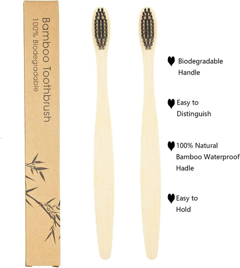 2 PCS Bamboo Toothbrushes Soft Bristles Wooden Toothbrushes for Adult, Natural Biodegradable BPA Free Eco Friendly Toothbrushes Black...