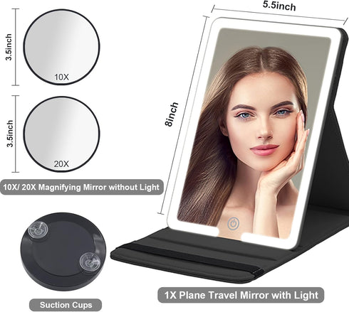 Lighted Travel Makeup Mirror with Round 10X & 20X Magnifying Mirror, PU Leather Vanity Mirror with Lights with 2000mAh Battery, LED Tabletop Cosme...