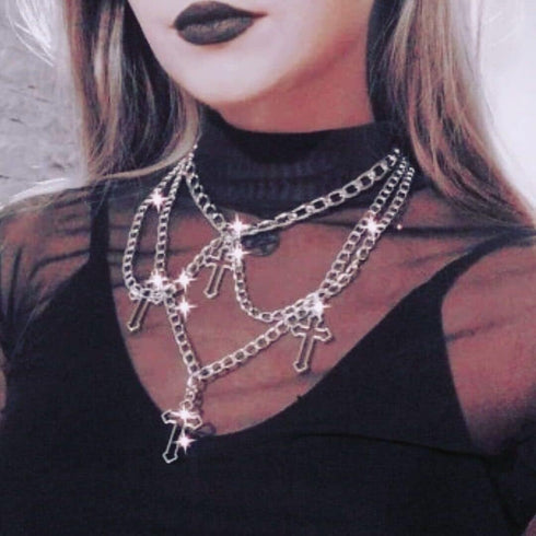 COLORFUL BLING Goth Cross Choker Necklace Gothic Layered Chunky Pendant Necklaces Egirl Silver Plated Long Multilayer Chains 40 inches For Women T...