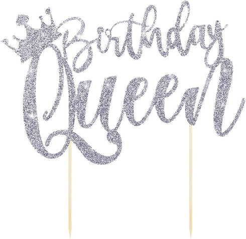 Handmade Glitter Queen Birthday Cake Topper, Happy Birthday Cake Bunting Decor, Birthday Party Decoration Supplies (Sliver)...